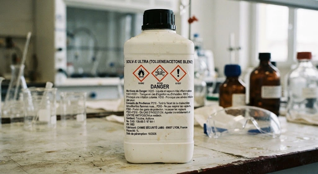 étiquette autocollante résistante à l'intérieur collée sur une bouteille en plastique contenant un produit chimique